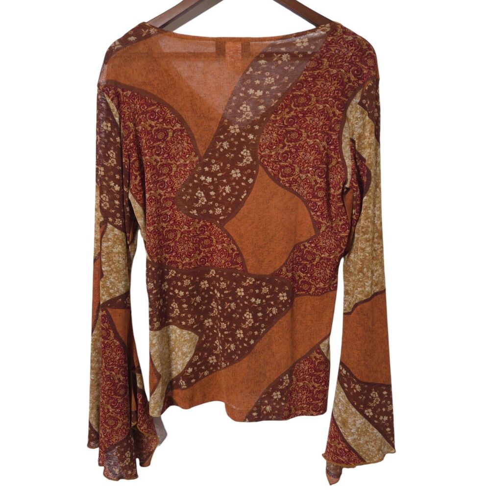 VTG 90's Y2K Babydoll Top Patchwork Orange Lace Neck Bell Sleeve Festival Womens - Picture 6 of 11